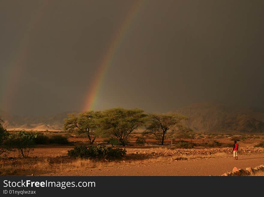 African boy watching a dark sky with beautiful rainbow full with colors in the namib naukluft park, Namibia. African boy watching a dark sky with beautiful rainbow full with colors in the namib naukluft park, Namibia.