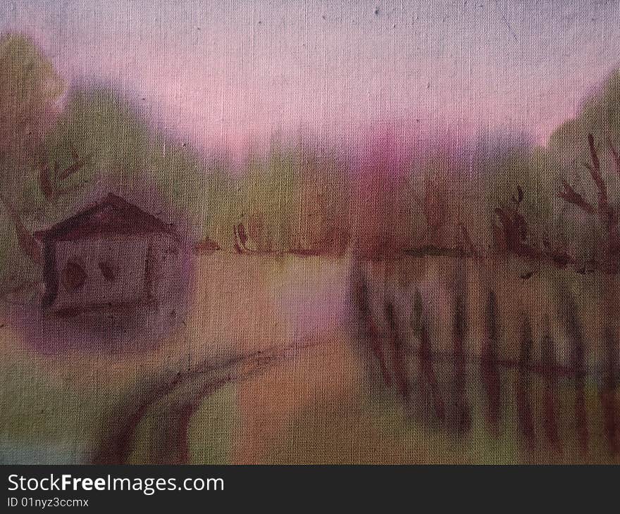 Rural landscape with old house. Hand drawing. batik. Rural landscape with old house. Hand drawing. batik