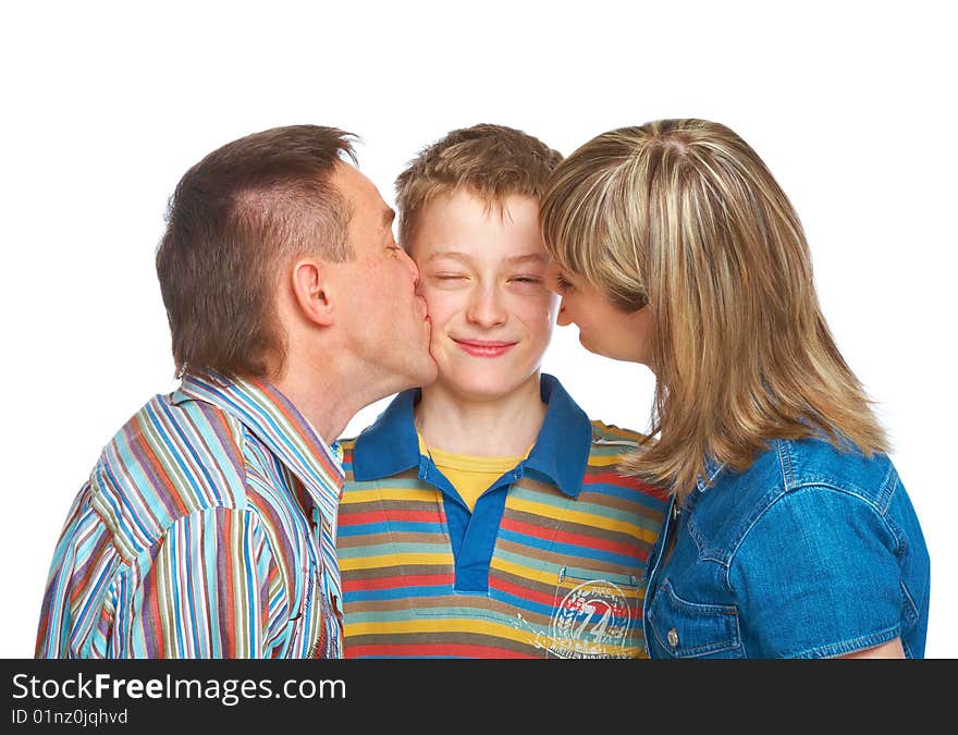 Mother, father and son. Isolated on white background