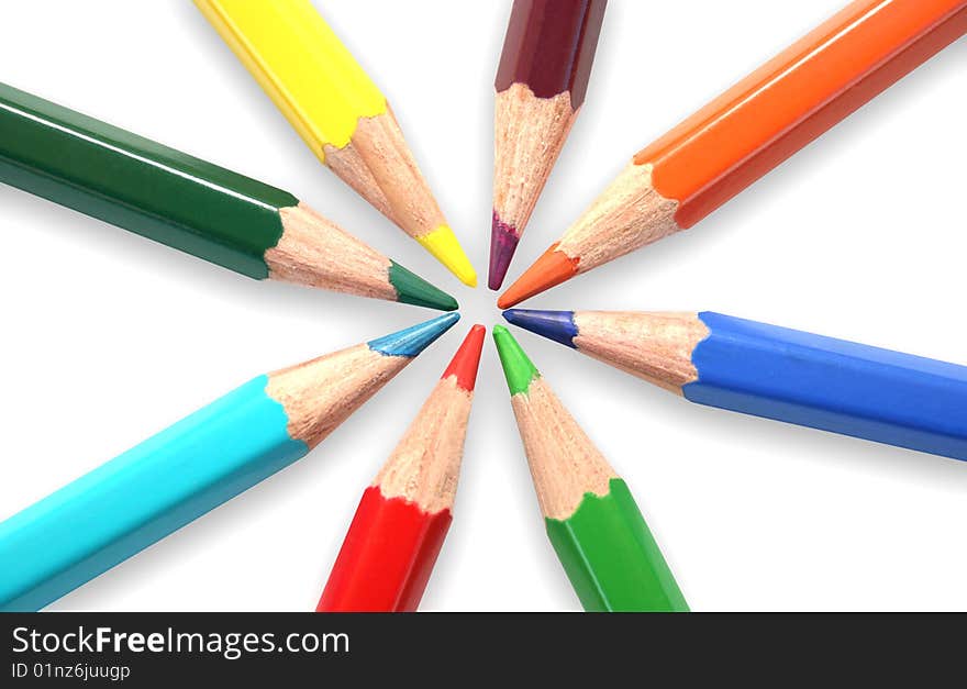 Colorful pencils on white background.