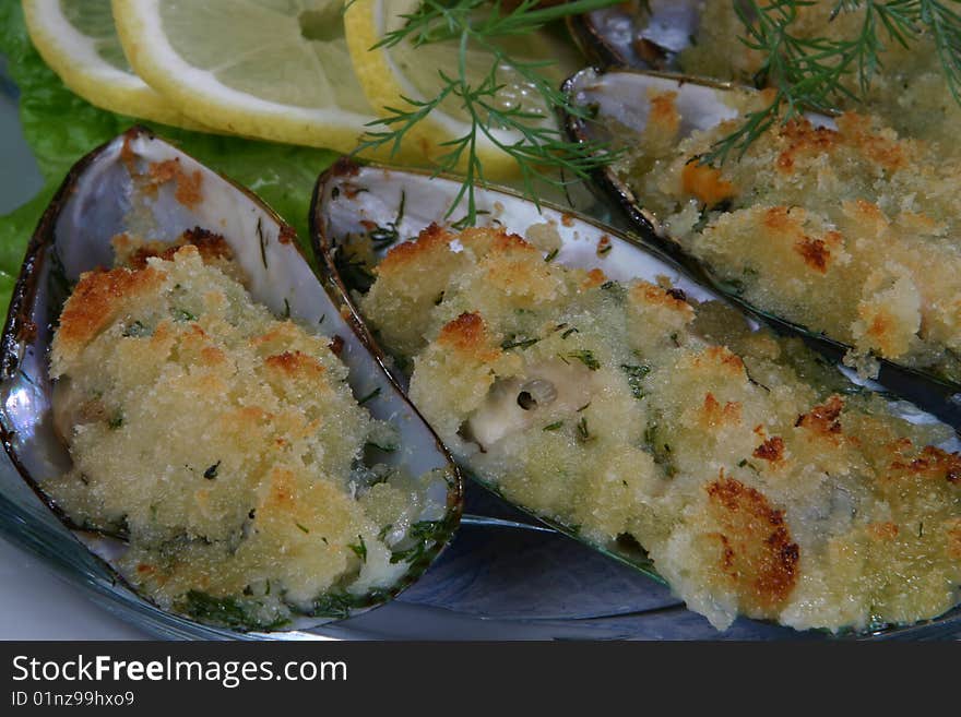 Mediterranean sea food mussel with lemon