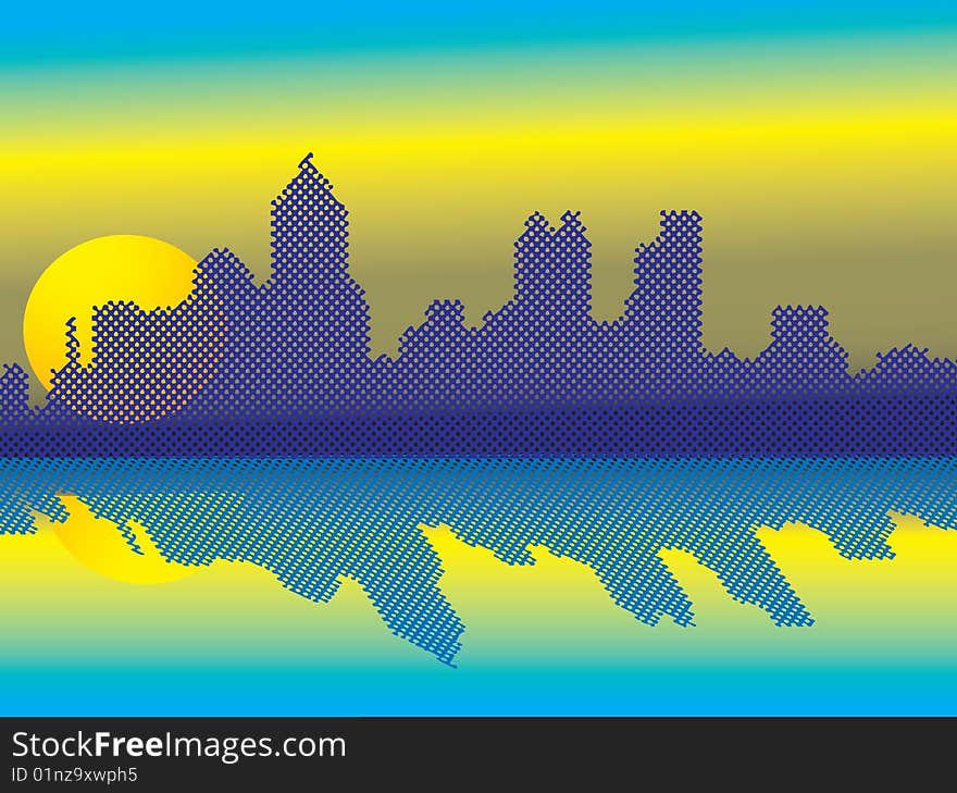 Vector illustration of city horizon against bright heavens.