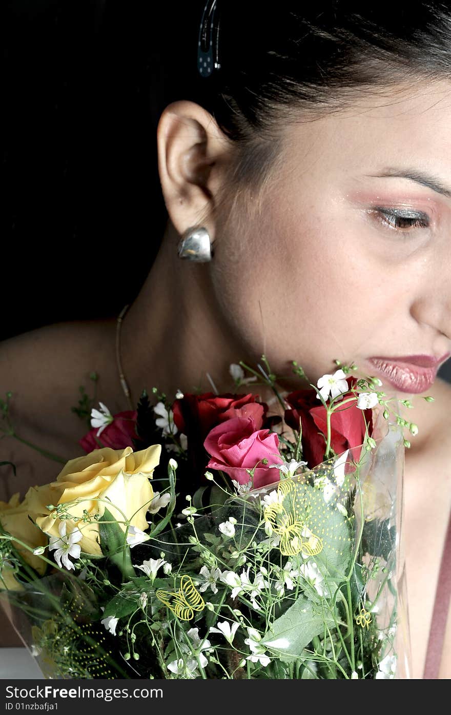 Sad Girl With Rose Bouquet