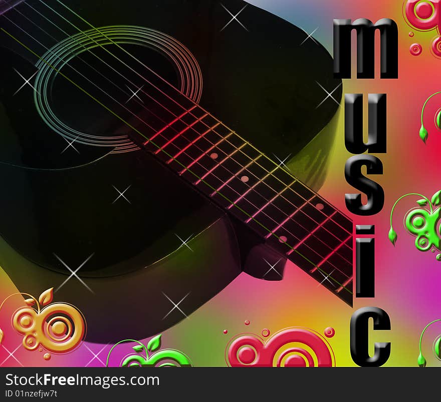 Black guitar on beautiful colored background with black shiny text music. Black guitar on beautiful colored background with black shiny text music