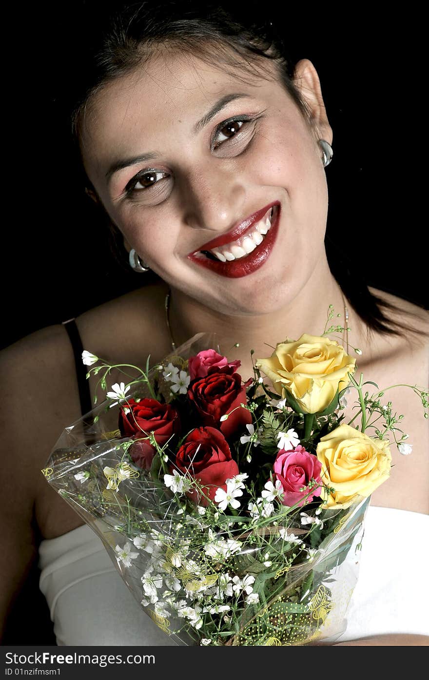 Smiling Bride With Rose Bouquet