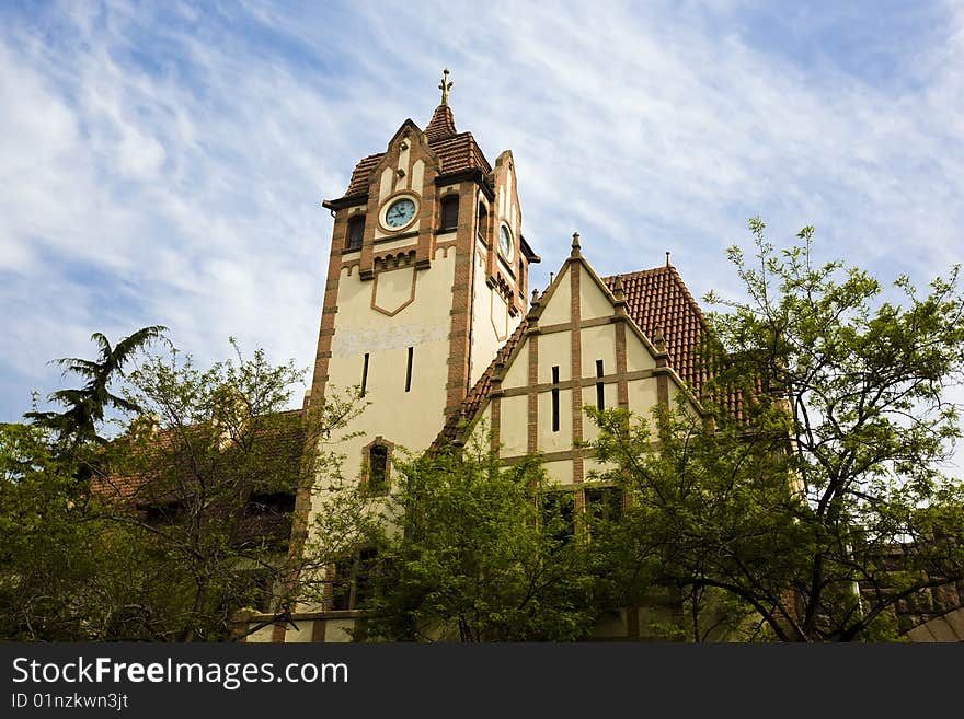 The clock tower in downtown qingdao, china.