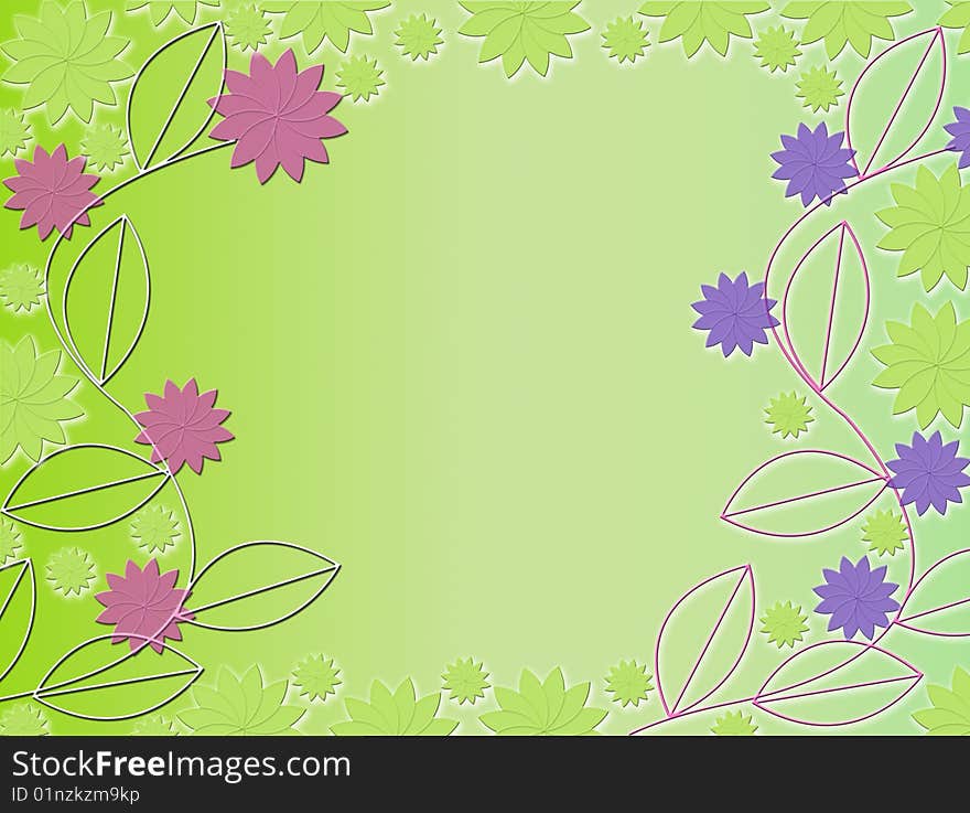 3D flowers,green,pink and purple on beautiful green background