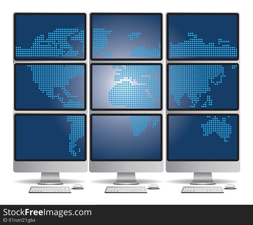 Some displays with world map. Some displays with world map