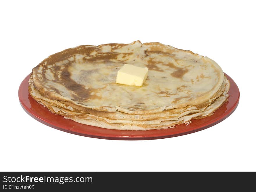 Russian Pancakes On The Red Plate (isolated)