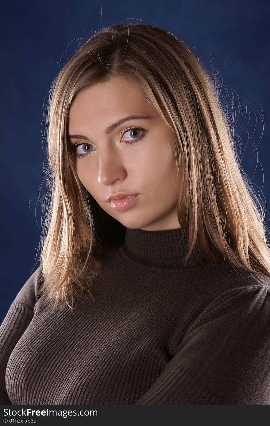 Portrait of the beautiful young girl, it is photographed on a dark blue background. Portrait of the beautiful young girl, it is photographed on a dark blue background