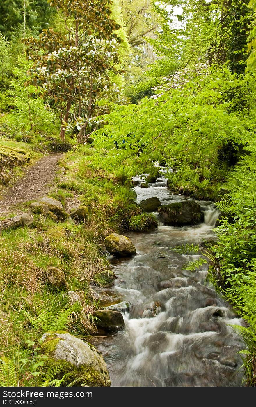 Waterfall with trees and grass on top of a rock. Waterfall with trees and grass on top of a rock