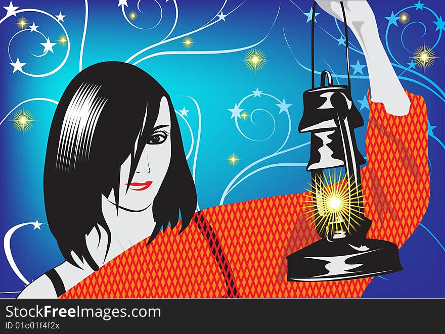 The girl with an oil lamp on an abstract background