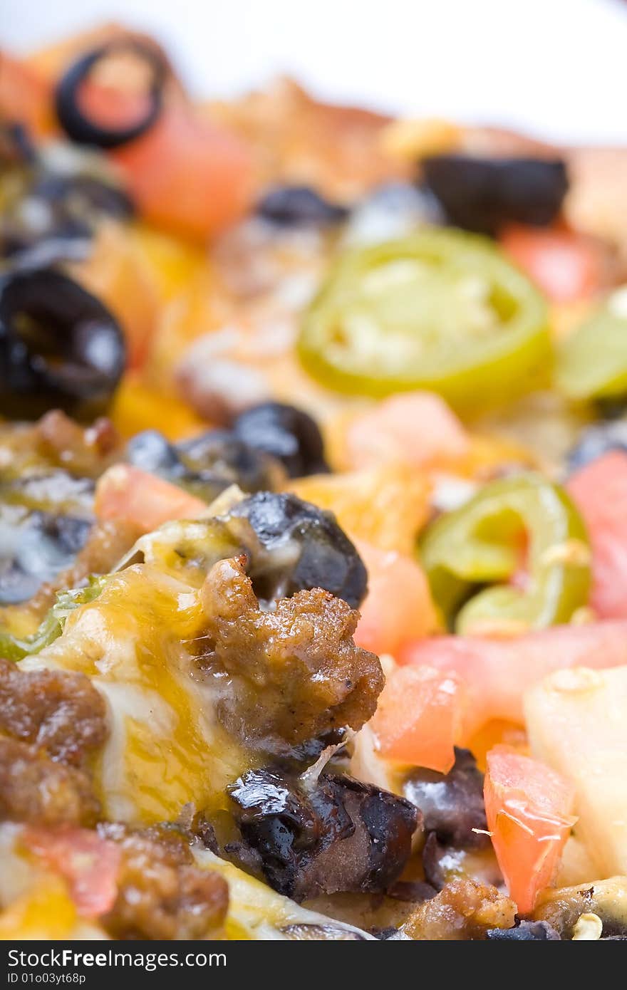 Plate of nachos shot close up nice detail of the freshly cooked vegetables