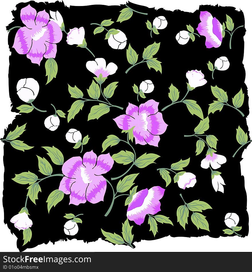 Flower pattern from white purple combination and green with black background touch. Flower pattern from white purple combination and green with black background touch