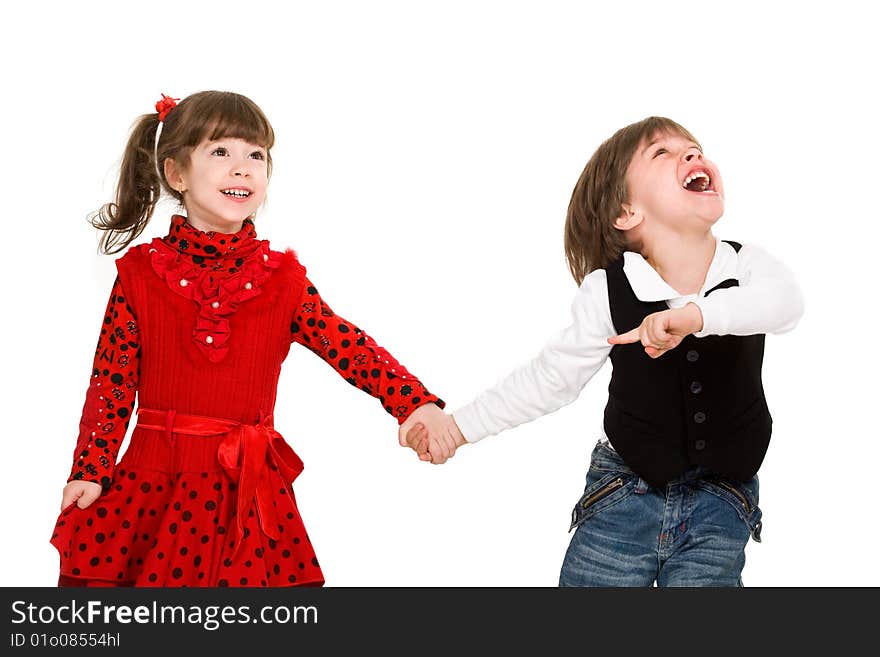 Beautiful little girl with his brother laughing. Isolated. Beautiful little girl with his brother laughing. Isolated