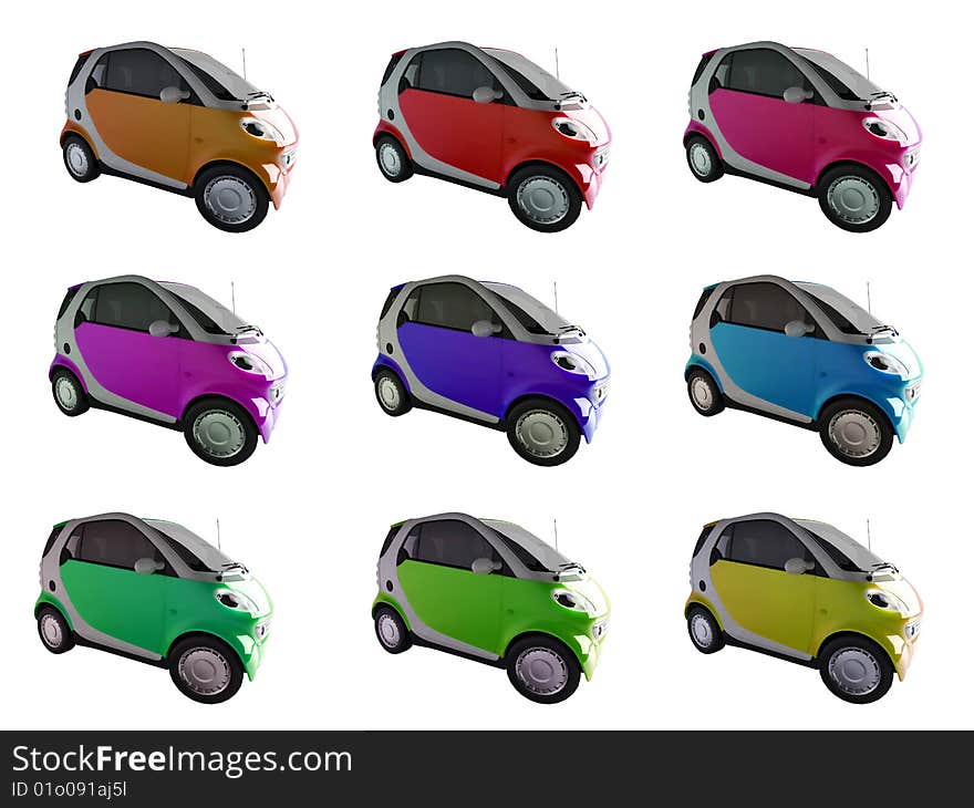 3D illustration of small economical car in different colors. For more views and colors of this car please visit my portfolio. 3D illustration of small economical car in different colors. For more views and colors of this car please visit my portfolio