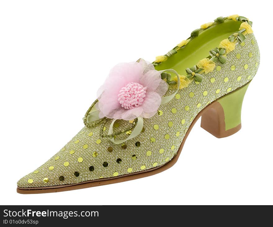 Woman shoes elegant, shoe with pink flower against white background