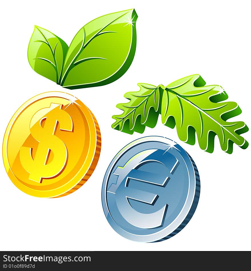 Coins and leafs isolated on white.
EPS available.