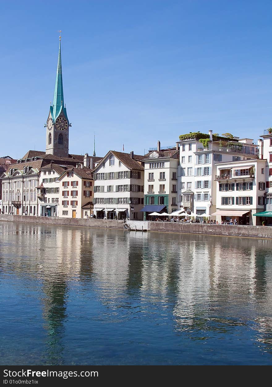 Fraumuenster cathedral on the bank of Limmat river (Zurich, Switzerland)