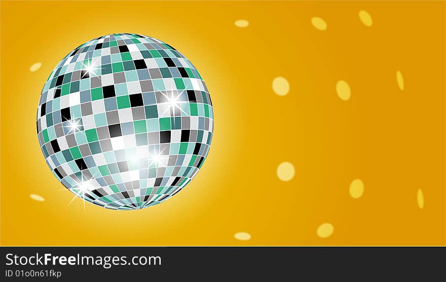 Illustration of discoball on yellow background with lights