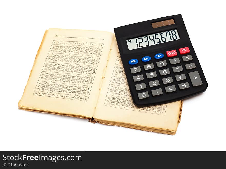 Calculator with an old book on white background