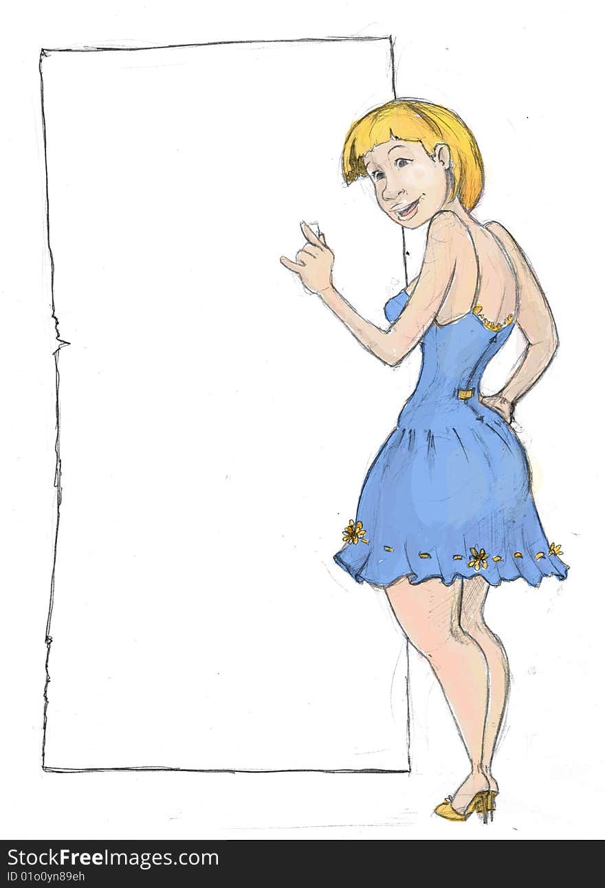 Girl with blond hair and a blue spring dress is holding a charcoal in front of a panel waiting to write the list. Girl with blond hair and a blue spring dress is holding a charcoal in front of a panel waiting to write the list