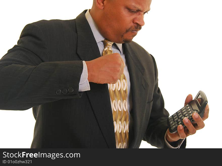 African american businessman angry and punching a calculator. African american businessman angry and punching a calculator