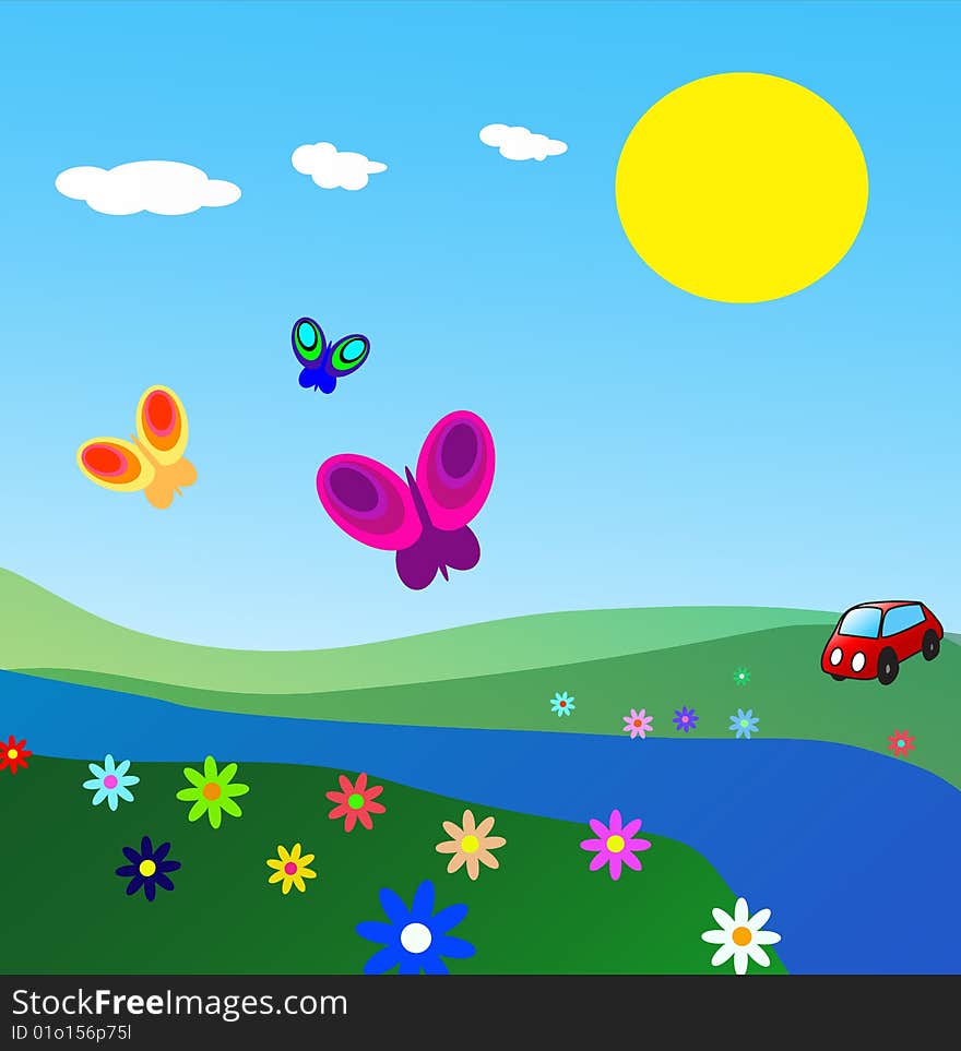 Fields with flowers under a blue sky. Butterflies flying and the sun shining.
A small red car in the background. Vector. Fields with flowers under a blue sky. Butterflies flying and the sun shining.
A small red car in the background. Vector