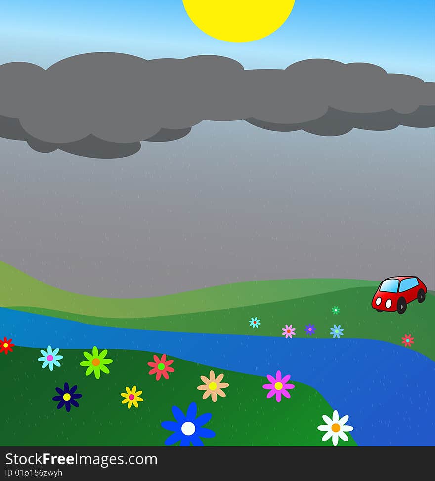 Fields with flowers under the clouds and rain. The sun shining above the dark clouds. A small red car in the background. Vector. Fields with flowers under the clouds and rain. The sun shining above the dark clouds. A small red car in the background. Vector