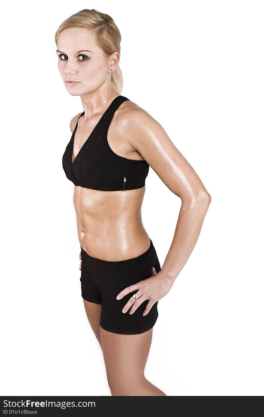 Picture of lovely blond fitness woman over white background