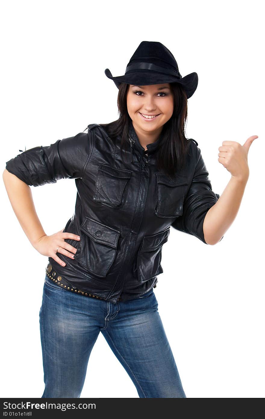 Model with black leather coat and a cowboy hat isolated on white