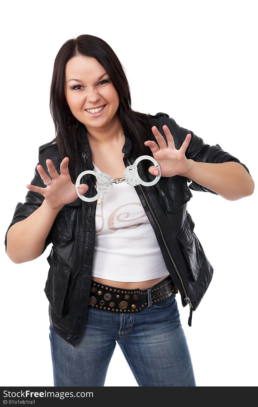 Model with black leather coat isolated on white