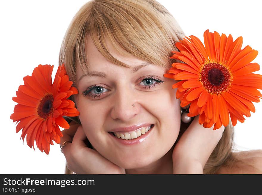 Close up glamor girl posing isolated on white with flowers. Close up glamor girl posing isolated on white with flowers