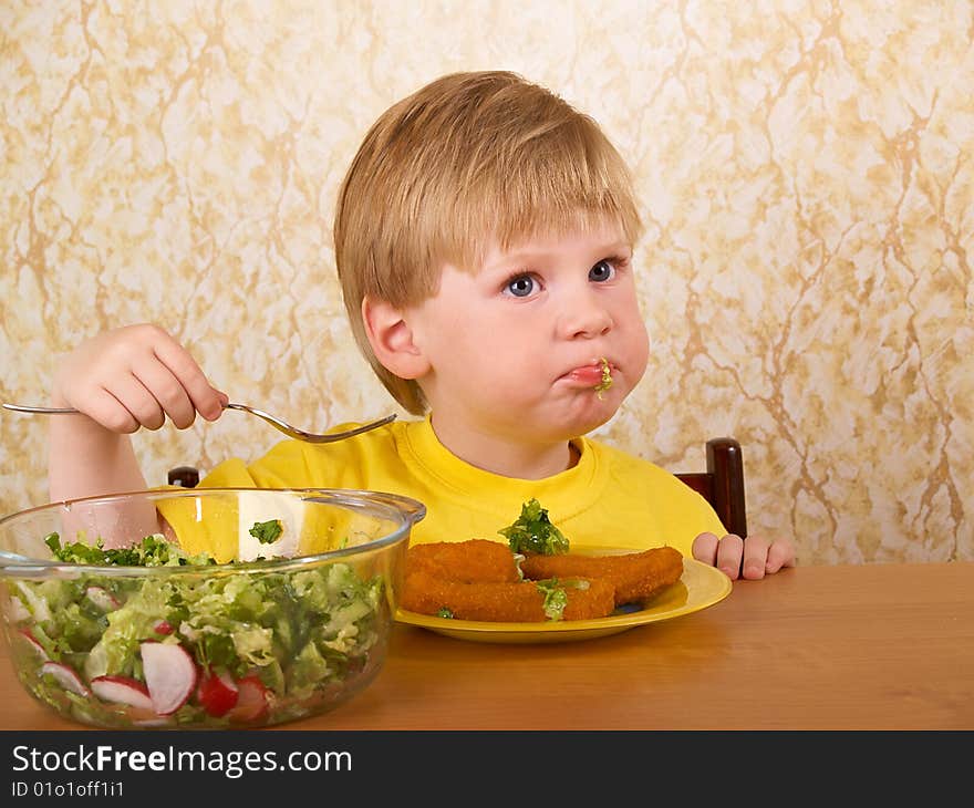 The little boy eats fresh salad. The little boy eats fresh salad