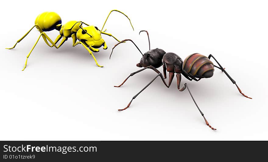 An ant looking at a yellow ant with a happy face painted onto his head. An ant looking at a yellow ant with a happy face painted onto his head.