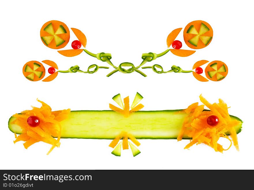 Decorative elements from cucumber,
carrot,tomato for menu and food  banner. Decorative elements from cucumber,
carrot,tomato for menu and food  banner