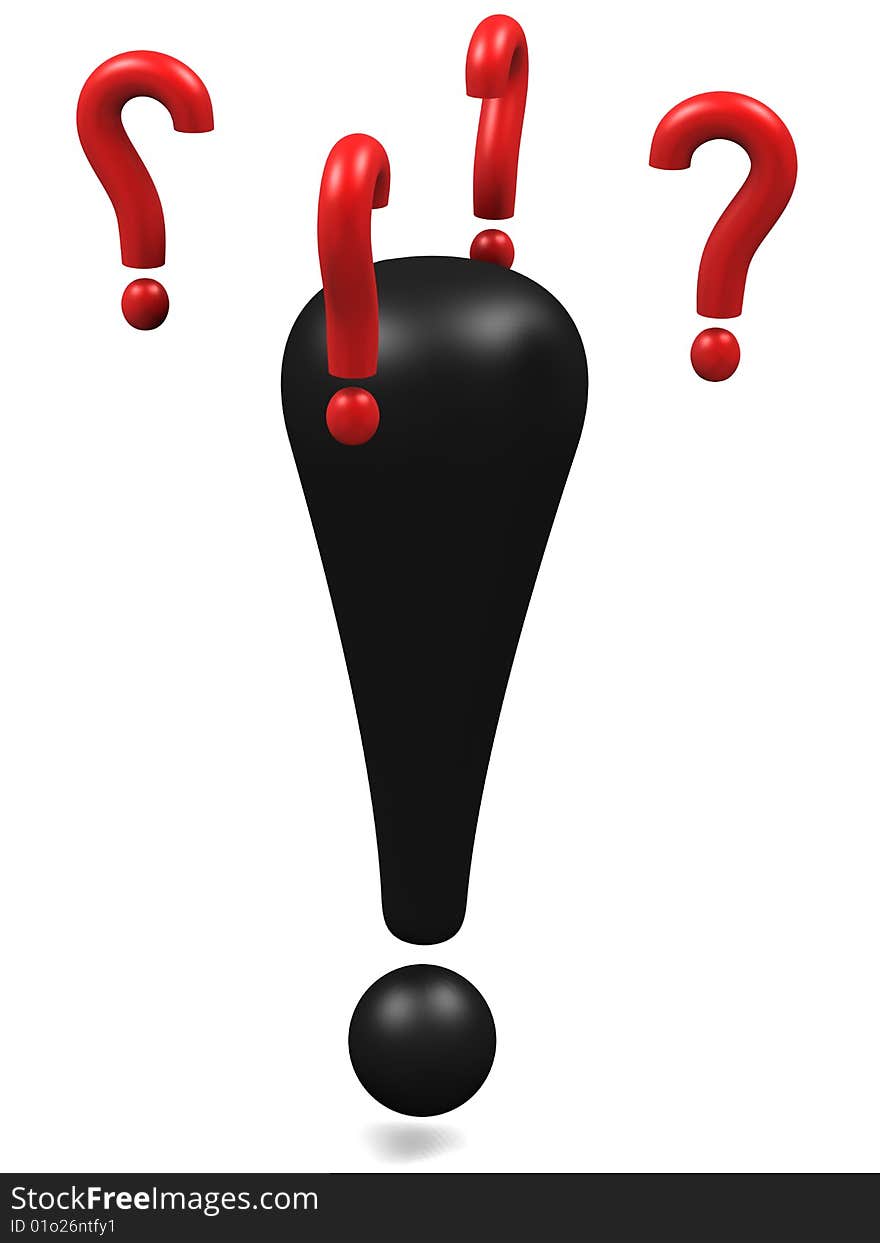 Black exclamation mark with flying question marks around the head.High resolution 3D render. Black exclamation mark with flying question marks around the head.High resolution 3D render.