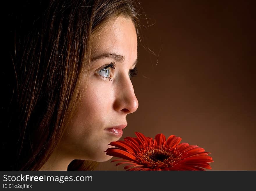 A pretty young woman with long brown hair posing with a red flower in her hand on a dark background. A pretty young woman with long brown hair posing with a red flower in her hand on a dark background