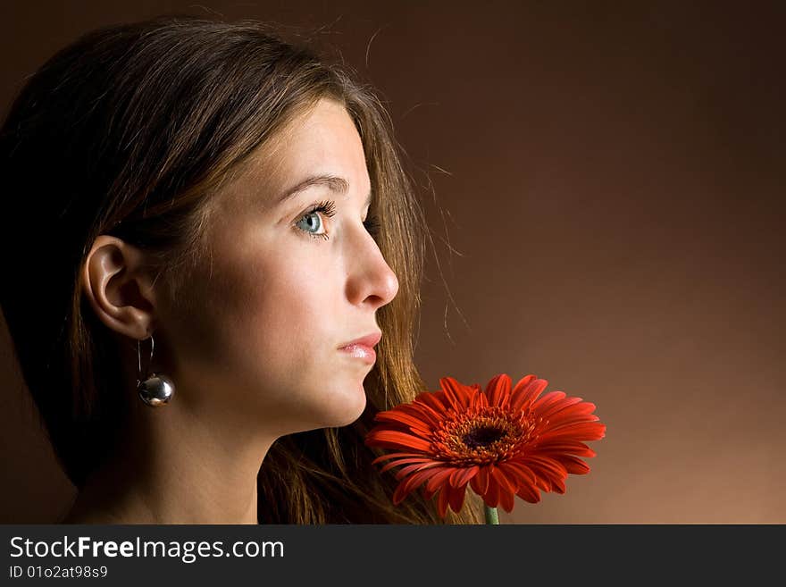 A pretty young woman with long brown hair posing with a red flower in her hand on a dark background. A pretty young woman with long brown hair posing with a red flower in her hand on a dark background