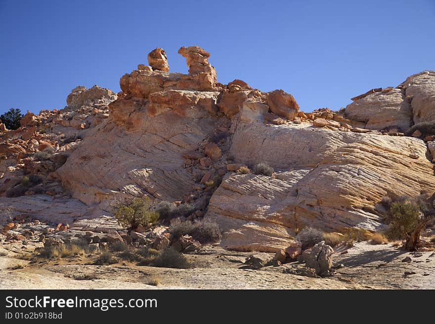 View of red rock formations in San Rafael Swell with blue sky�s