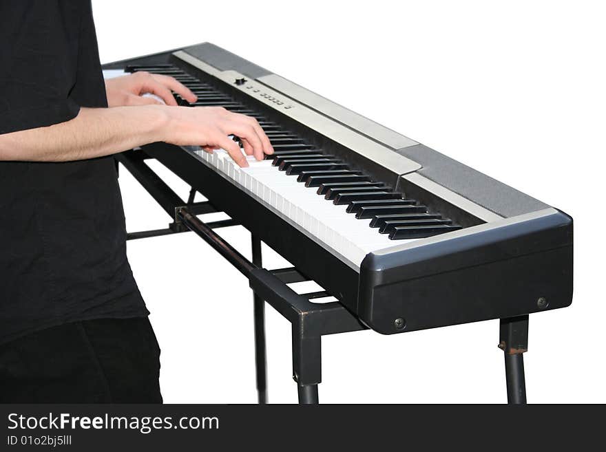 Keyboard and Keyboard player's hands isolated on white.