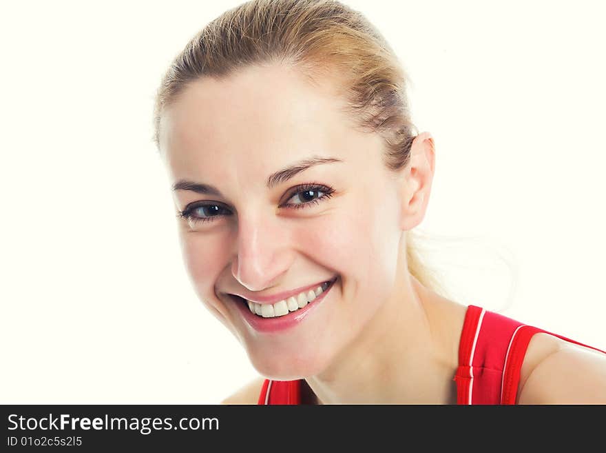 A sporty blonde in red leotard