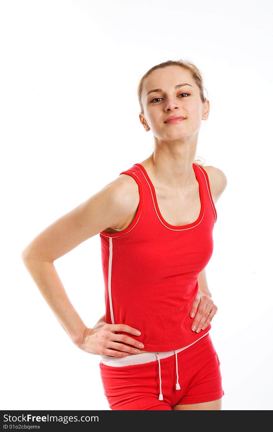 A sporty blonde in red leotard