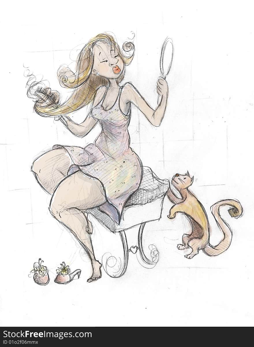 Girl sitting on a chair, with a night dress is combing her hair for the night, a brown slim cat is looking at her. Girl sitting on a chair, with a night dress is combing her hair for the night, a brown slim cat is looking at her