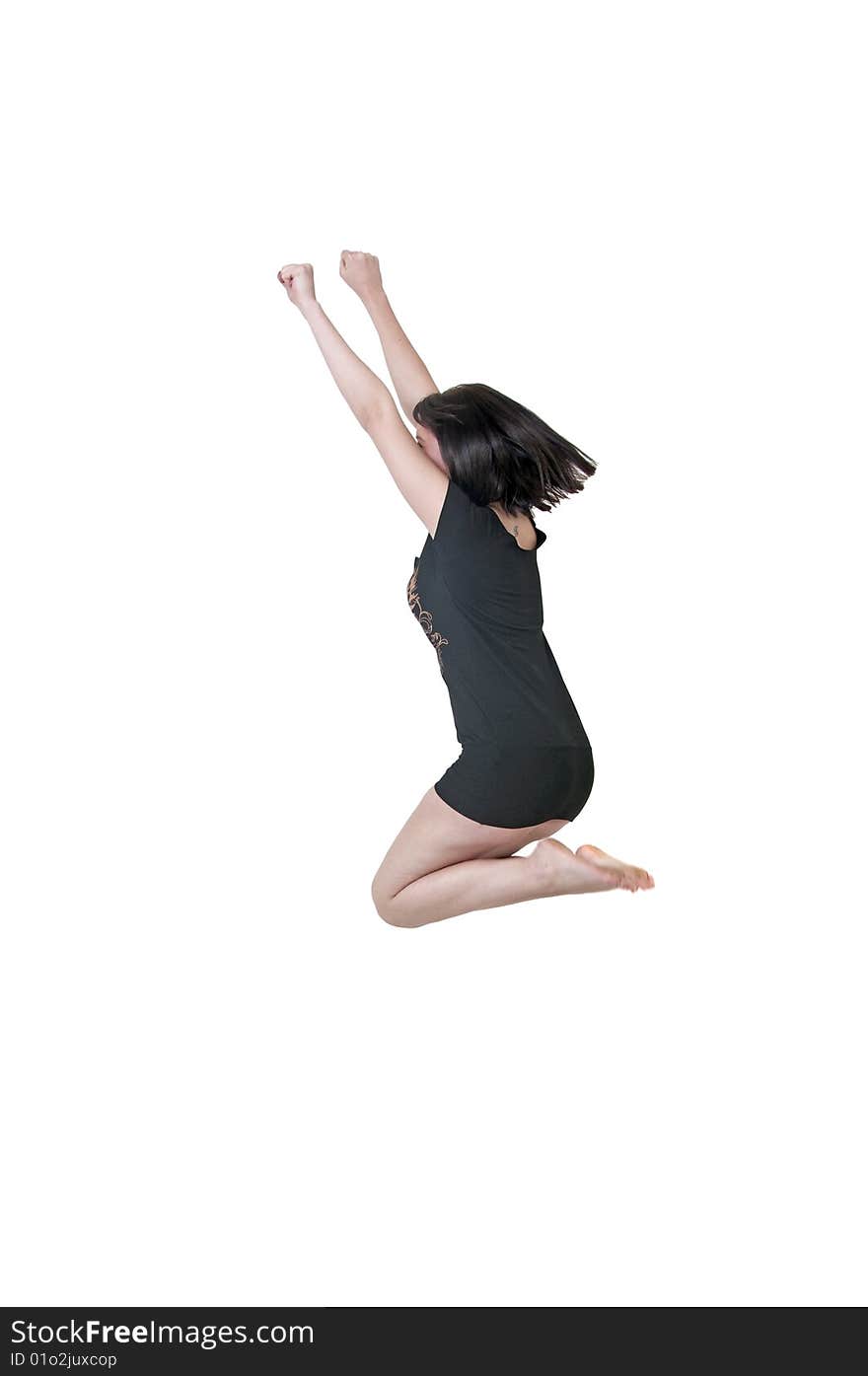 Girl in black dress jumping high