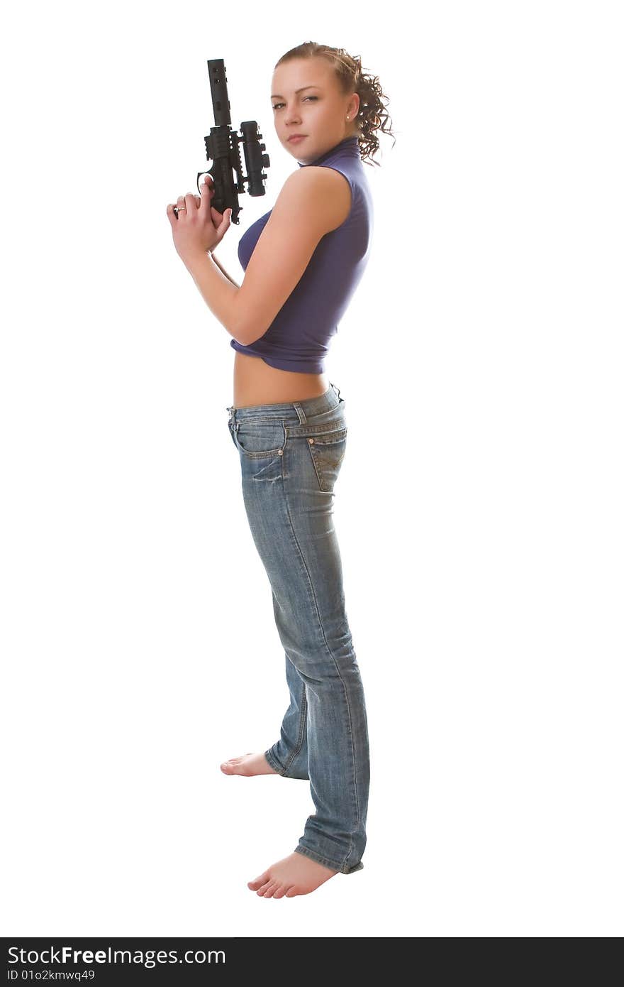 Girl with a gun isolated on a white background. Girl with a gun isolated on a white background