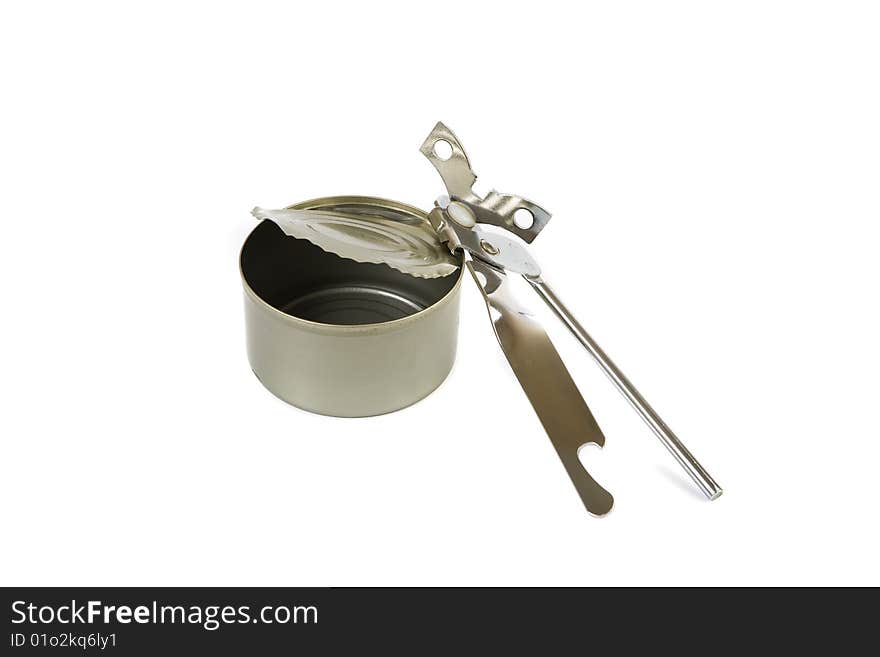 Picture of a aluminium empty tin with tin opener on white background. Picture of a aluminium empty tin with tin opener on white background