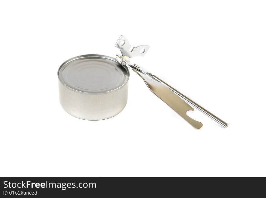 Picture of a aluminium tin with tin opener on white background. Picture of a aluminium tin with tin opener on white background