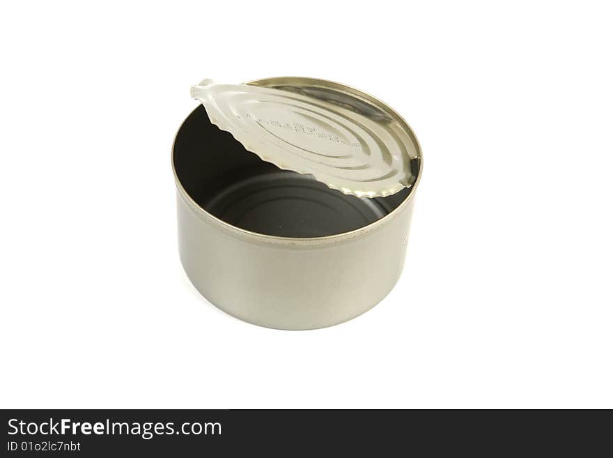 Picture of a empty metal tin on white background. Picture of a empty metal tin on white background