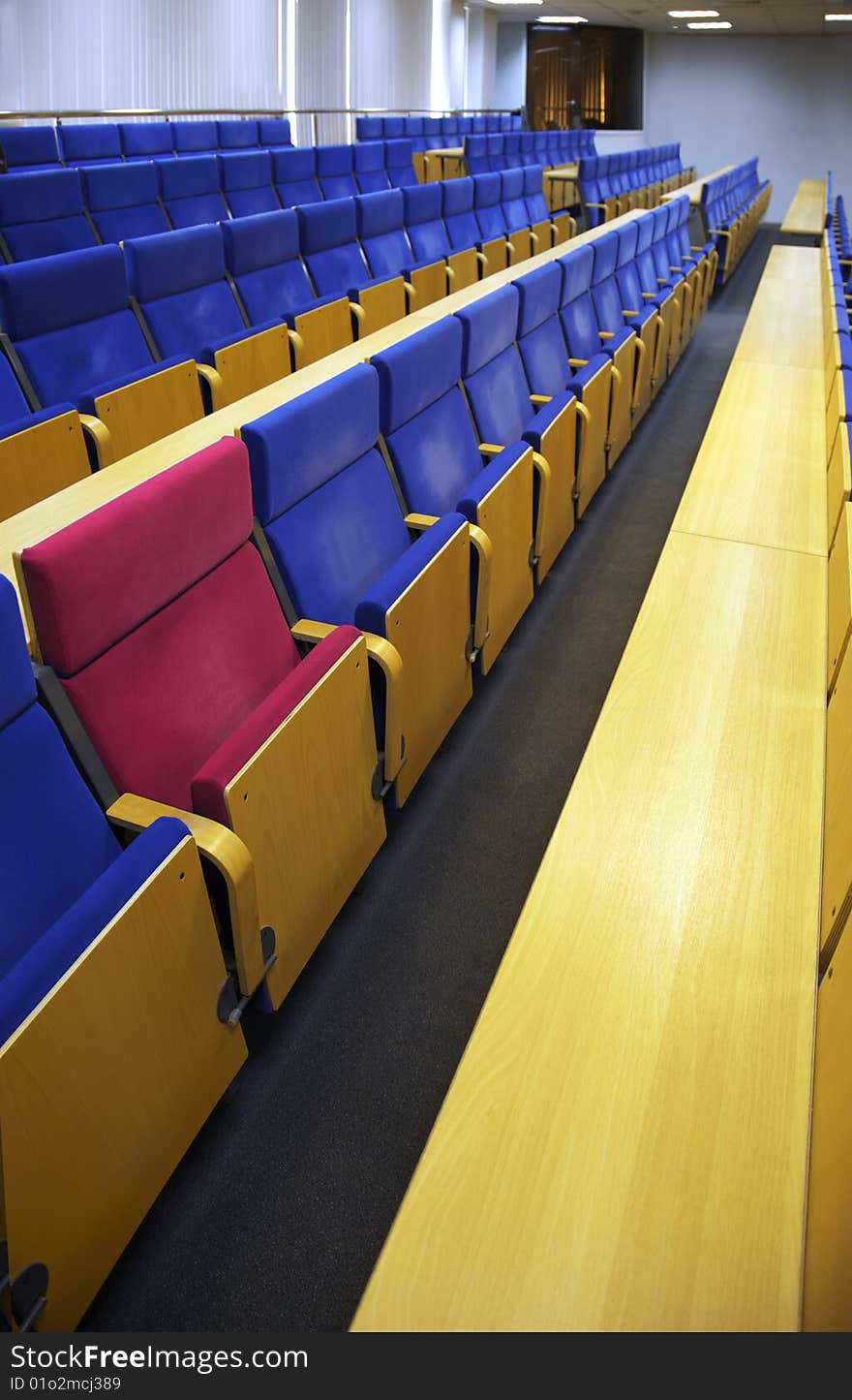 Red armchair among dark blue armchairs in a hall for holding conferences